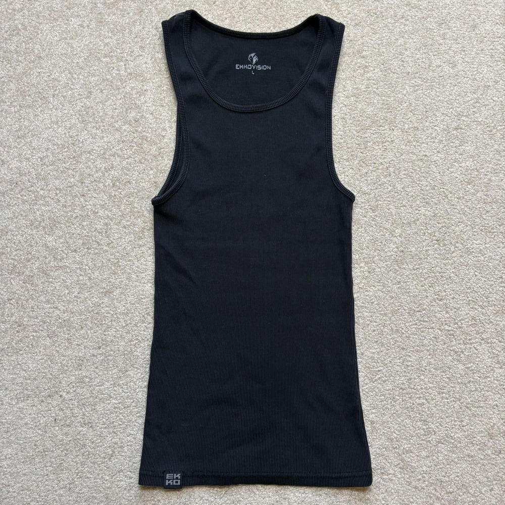 EKKOVISION‎ Tank Top Shirt Mens Large Black Ribbed Stretch Cotton Gym Fitness